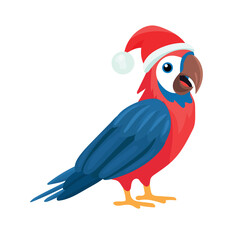 Parrot in a Santa hat, Hawaiian Christmas. Flat vector clipart, illustration with isolated background.