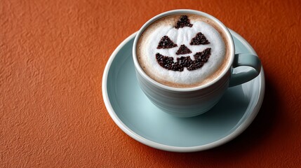Coffee cup with Halloween-themed latte art featuring a pumpkin face, resting on a light blue saucer against a textured orange background, creating a festive autumn atmosphere for seasonal enjoyment