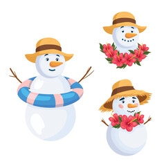 Snowman, Hawaiian Christmas. Flat vector clipart, illustration with isolated background.