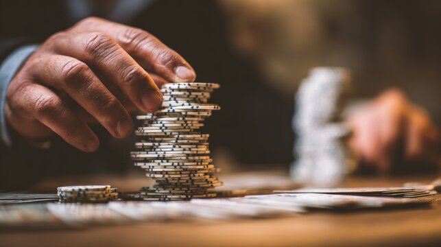 Hand stacks poker chips