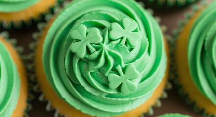 St. Patrick’s Day cupcakes with green frosting, shamrock decorations, macro food photography style