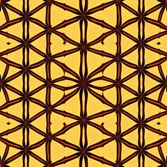 Geometric abstract pattern with six pointed stars in yellow and brown hues repeating seamlessly