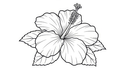 Fototapeta premium Detailed black and white line art drawing of a blooming hibiscus flower with leaves perfect for coloring pages or botanical art projects