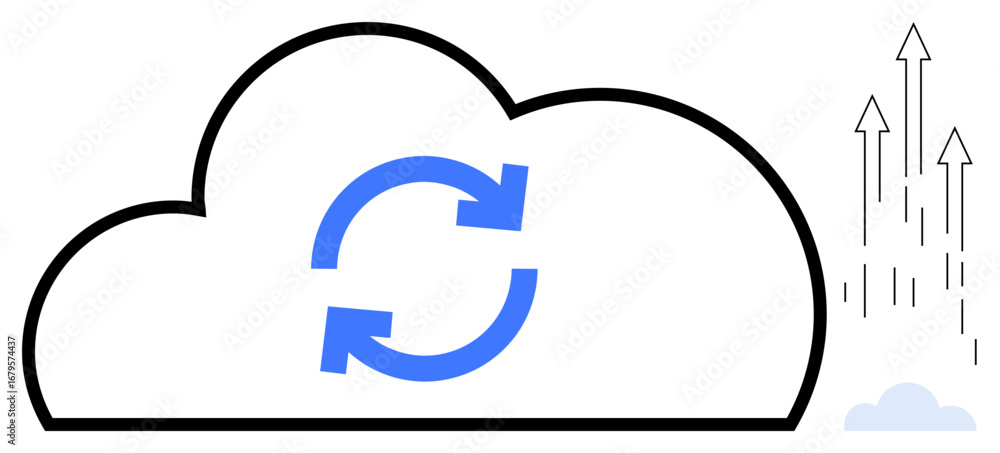 Aufkleber white cloud outline with circular blue arrows indicating synchronization, paired with upward arrows 