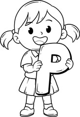 cute girl with letter P cartoon outline