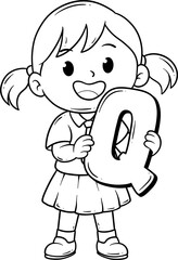 cute girl with letter Q cartoon outline