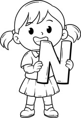 cute girl with letter N cartoon outline