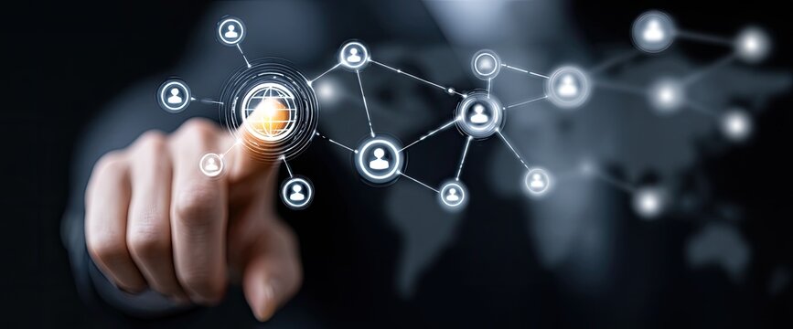 A finger interacts with a network of interconnected user profiles on a projected interface