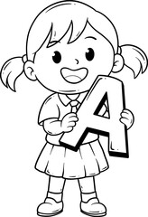 cute girl with letter A cartoon outline