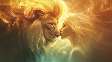Leo and Virgo forming a unique cosmic bond, with golden lion energy blending into a soft, ethereal maiden glow. 
