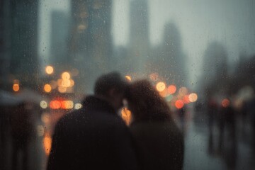 Silhouette of Couple Leaning on Rainy Window with City Lights