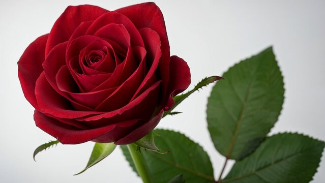 A luxurious long stemmed Valentine rose with green leaves detailed macro shot vibrant colors on a white background