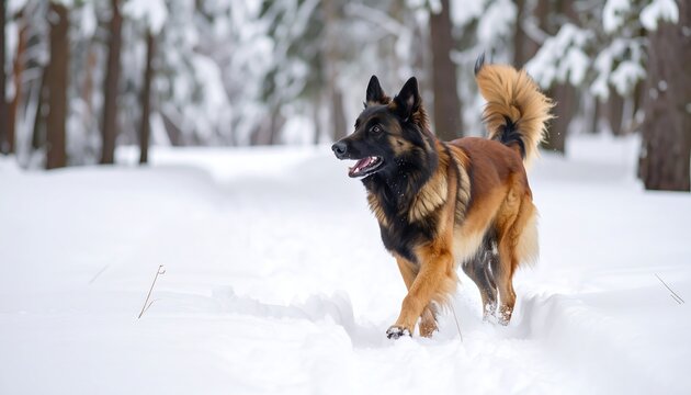A German Shepherd dog in a snowy forest - Powered by Adobe