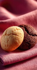 Two small, round cookies, one light beige and one dark brown, rest on a pink fabric napkin.  Close-up