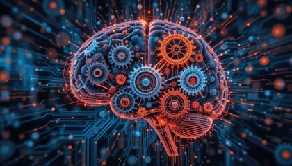 An algorithm represented as gears turning inside a brain
