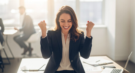 Successful business woman celebrates triumph and victory, woman at workplace received a positive result of achievement, female worker rejoices holding hands up, victory gesture