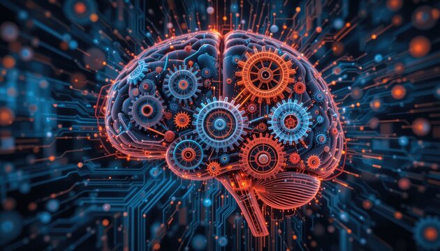 An algorithm represented as gears turning inside a brain