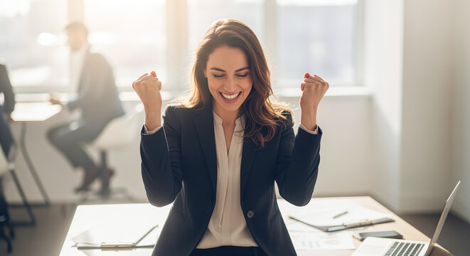 Successful business woman celebrates triumph and victory, woman at workplace received a positive result of achievement, female worker rejoices holding hands up, victory gesture