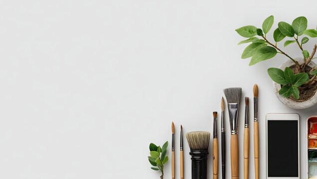 Flat lay of art supplies and a small plant