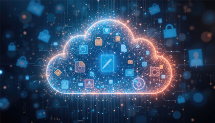 A glowing cloud hologram storing files and apps.
