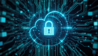 Secure cloud storage with padlock symbol.