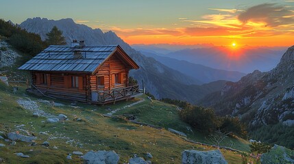 Fototapeta premium A cozy cabin nestled in the mountains basks in the warm glow of sunset