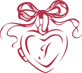 Whimsical heart locket wedding illustration. Vintage line art heart locket. Heart shaped locket with ribbons. Black and white drawing of a heart shaped locket pendant with decorative ribbon