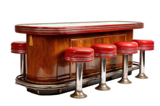 Vintage Diner Bar Counter with Red Stools on Transparent Background - Powered by Adobe
