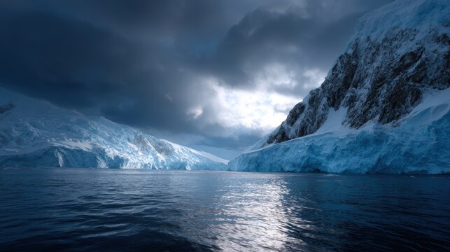 A massive glacier meeting the ocean under a dramatic cloudy sky - Powered by Adobe