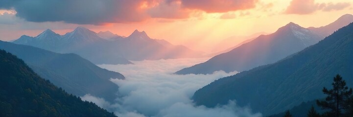 Obraz premium Misty mountain peaks shrouded in a smoky haze, creating an ethereal and mysterious atmosphere Sunlight filters through the clouds, illuminating the rugged terrain , white, atmosphere