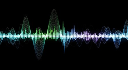 Abstract waveform sound visualization with colorful light effects on a black background, modern digital graphic design