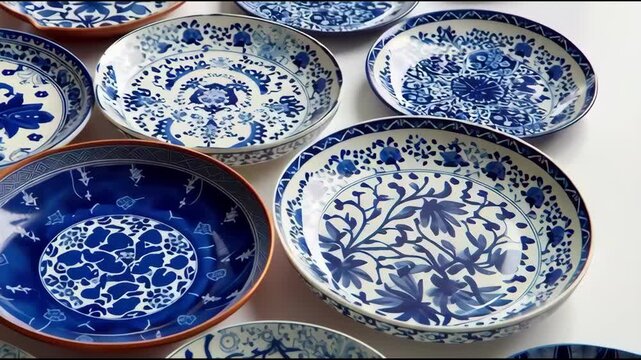 A collection of blue-and-white porcelain bowls and plates with intricate floral and geometric designs.