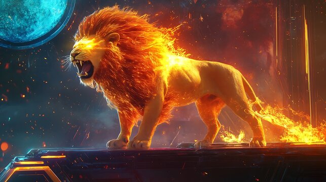 Leo’s lion roaring with a fiery mane of holographic flames, standing on a futuristic platform.  - Powered by Adobe