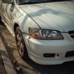 Close-Up of Damaged White Car with Dent and Cracked Bumper