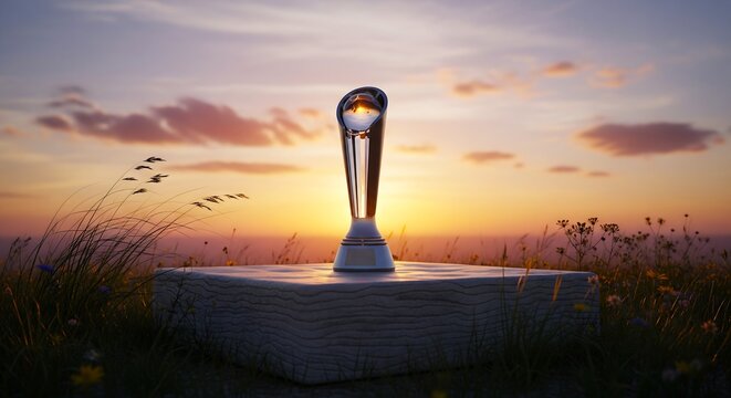 Futuristic silver trophy on stone pedestal in wildflower meadow at golden sunset, symbol of victory, ambition, and inspiration.