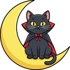 Fototapeta premium Cute black cat dressed as a vampire sitting on a crescent moon vector