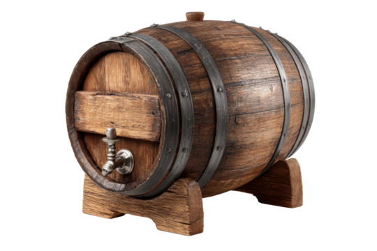 Rustic Oak Wine Barrel on Stand, Isolated Transparent Background