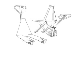 Fototapeta premium Industrial Pallet Truck Wireframe: Detailed Technical Vector Line Art for Warehouse Logistics, Material Handling and Supply Chain Efficiency. Monochrome Blueprint Illustration for Factory Operations.