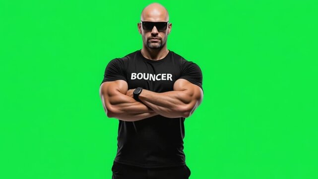 looping green screen video of a muscular tough looking bouncer, night club, security check, access denied, doorman, watchman, patrolling, guarding, authority, nightlife, gate