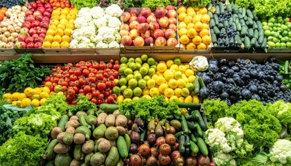 Colorful arrangement of fresh fruits and vegetables in a market display