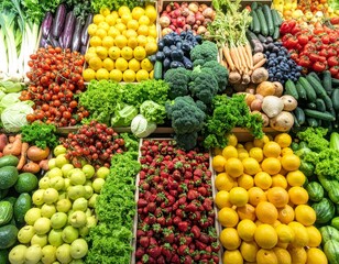 Colorful arrangement of fresh fruits and vegetables in a market display