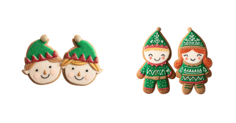 Two smiling elf cookie with green hat two smiling gingerbread children in green sweater and hat, festive holiday icing decoration and warm cheerful expression