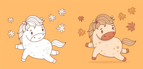 Cute Playful Horse with Falling Autumn Maple Leaves. Outline Line and Color drawing, Coloring book. Isolated Funny Little kawaii Fall animal. Vector illustration. Kids collection. Not AI