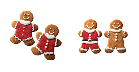 Gingerbread cookie couple wearing red icing outfit smiling on transparent background, festive holiday dessert scene with white icing decoration and cheerful expression