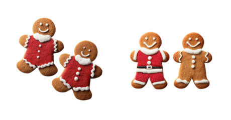 Gingerbread cookie couple wearing red icing outfit smiling on transparent background, festive holiday dessert scene with white icing decoration and cheerful expression