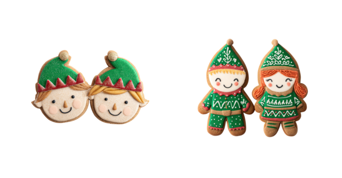 Two smiling elf cookie with green hat two smiling gingerbread children in green sweater and hat, festive holiday icing decoration and warm cheerful expression