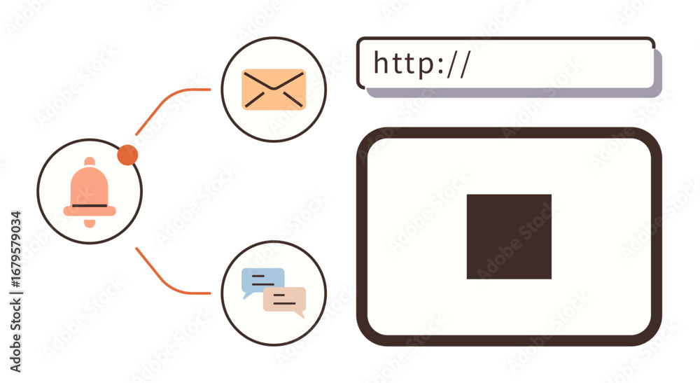 Poster message bubble, email envelope, notification bell connected to a browser window. ideal for communica