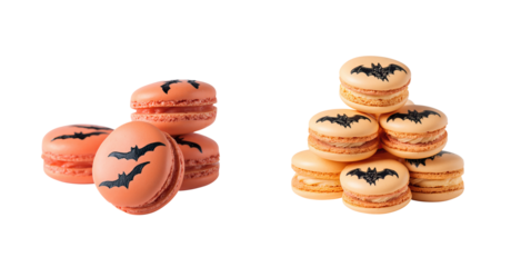 Orange Halloween macaron stack with bat silhouette decoration and creamy filling, festive dessert arrangement evoking playful seasonal celebration and cozy party treat