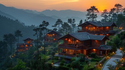 Fototapeta premium Charming wooden lodges nestled in a lush mountain landscape at twilight