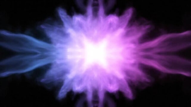 Colorful smoke overlay on pure black screen, glowing mystical fog with vibrant gradients of purple, blue, and pink, drifting in from the left and right sides, slowly converging at the center and colli